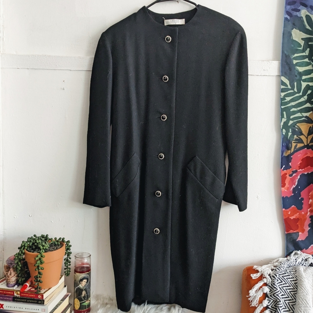 Vintage I. Magnin Wool Car Coat - Jeweled Button Drape Belted Overcoat